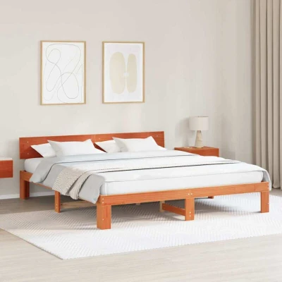 Pilt vidaXL Bed Frame with Headboard Wax Brown 200 x cm Solid Pine Wood