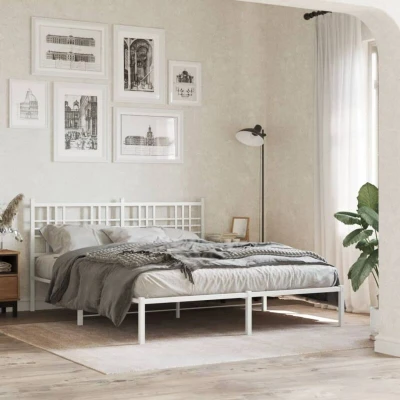 Pilt vidaXL Metal Bed Frame without Mattress with Headboard White 150x200cm