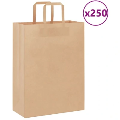 Pilt vidaXL Paper Bags 250 pcs with Handles Brown 26x12x35 cm