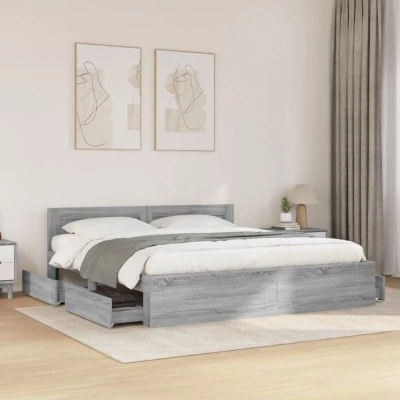 Pilt vidaXL Bed Frame with Headboard without Mattress Grey Sonoma 180x200 cm Super King